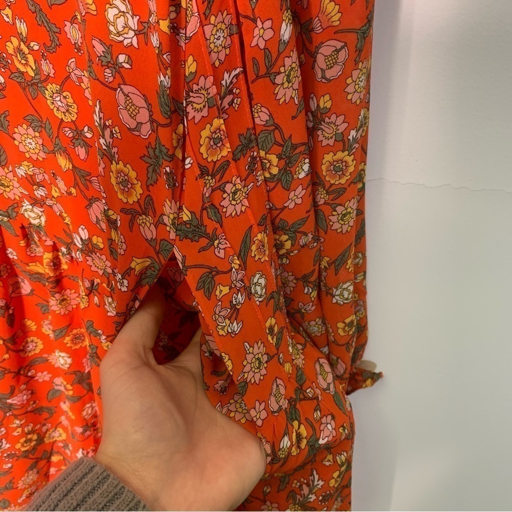 Melloday Ruffle Neck Longsleeve Pleated Dress Orange Floral Nordstrom size XS - Picture 5 of 7